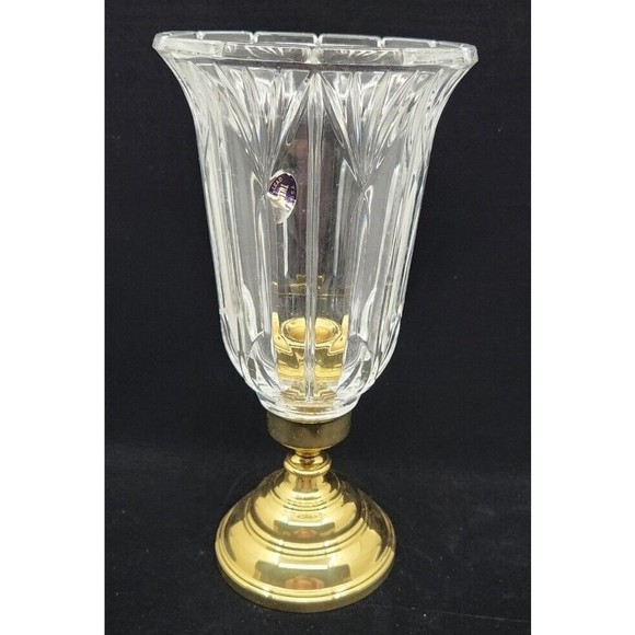 Vtg 24% Lead Crystal Hurricane Candle Holder Lamp Gold Tone Base 12" - Picture 1 of 12